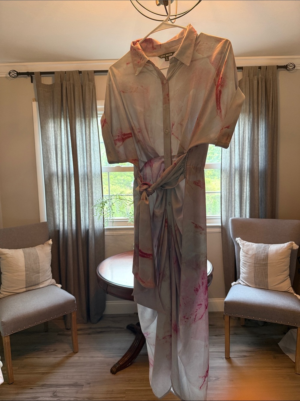 Steve Madden Light Gray Maxi Shirt Dress with Pink Accents